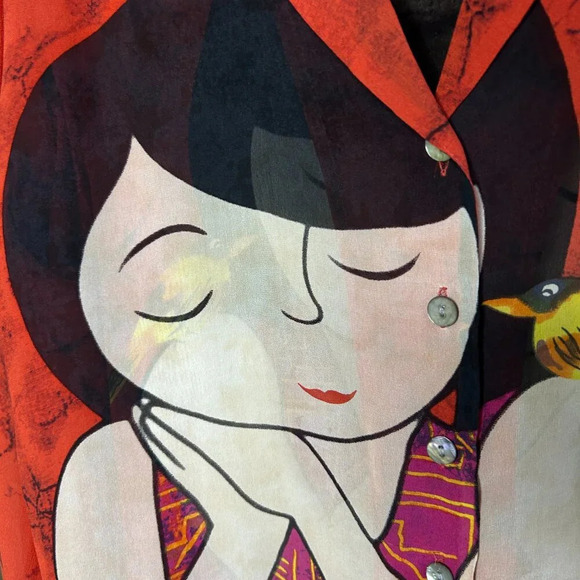 Vintage 90s 100% Silk Chico's Design Girl With Bird Blouse Size 1 Medium - Picture 5 of 8